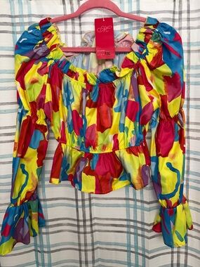 ulticolor Puff-Sleeve Peplum Blouse by